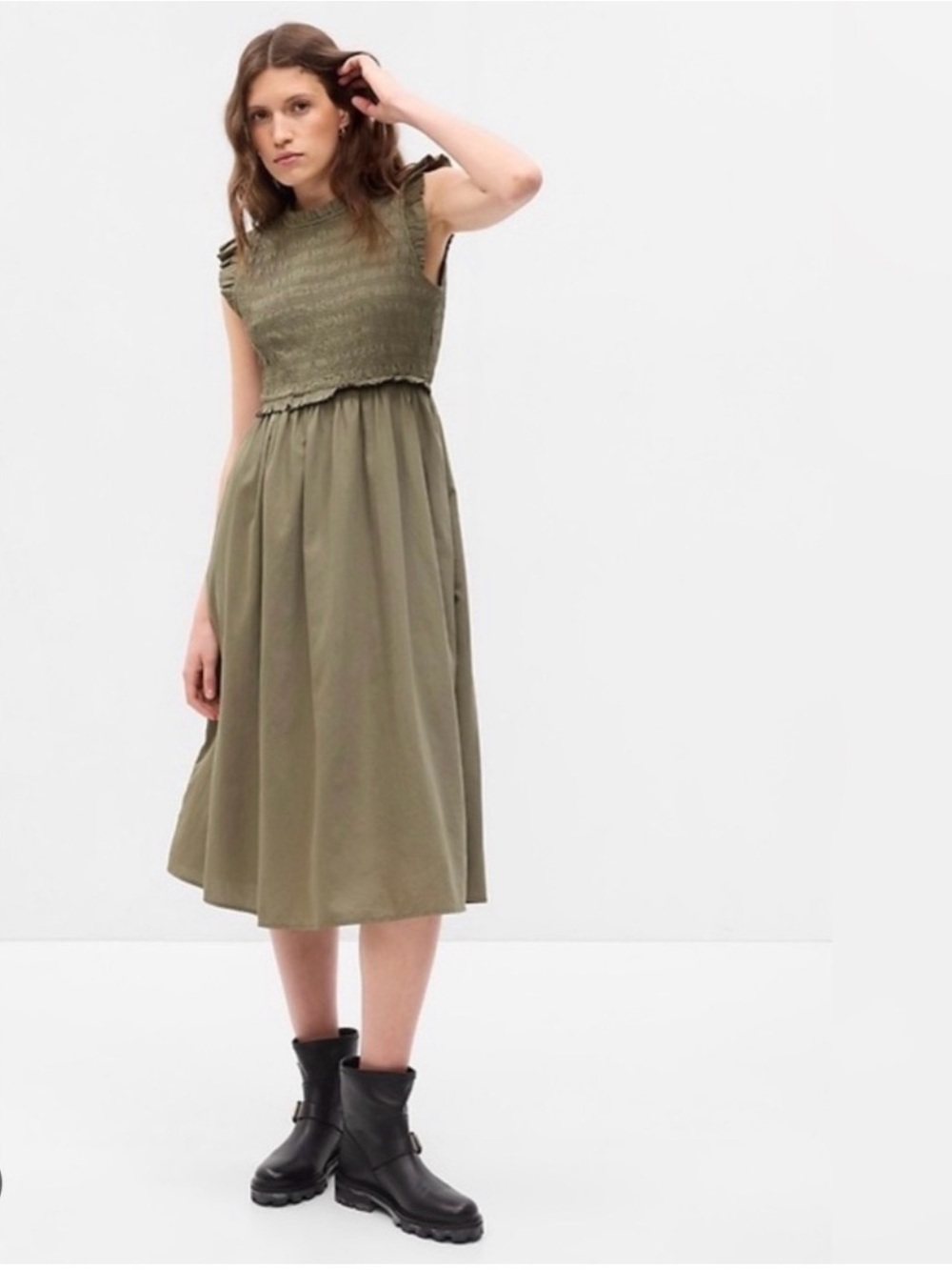 NWT GAP Smocked Ruffle Midi Dress in Olive Green